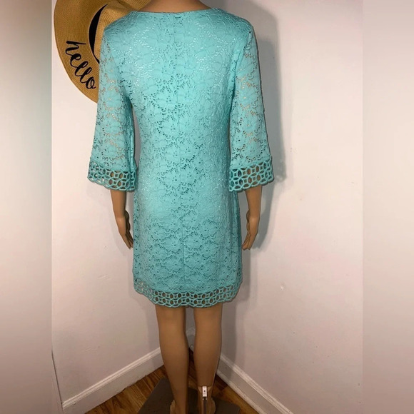 Alfani, PS, eyelet and open crochet, 3/4 sleeves, aqua marine, scoop neck, midi - Picture 3 of 5